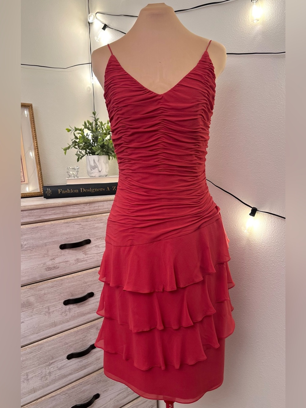 VTG Y2K $178 NWOT Talbots 100% Silk Red Pink Spaghetti Ruched Dress Sz 6 Fairy